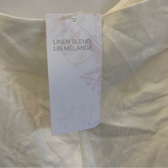 H&M Cream Ruched Puff Sleeve Linen Blend Blouse Large Cropped Cottagecore Airy - Picture 3 of 7